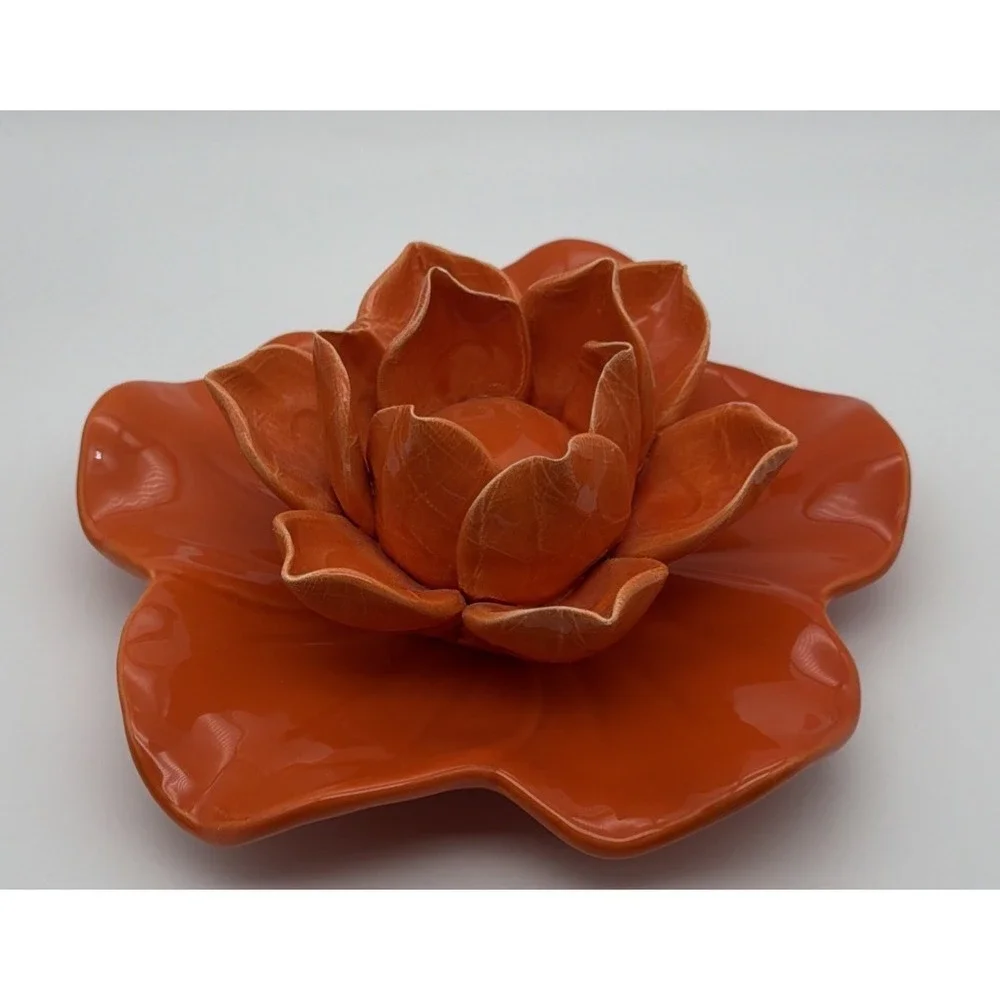 Large Ceramic Lotus Flower Candle Holder Tangerine